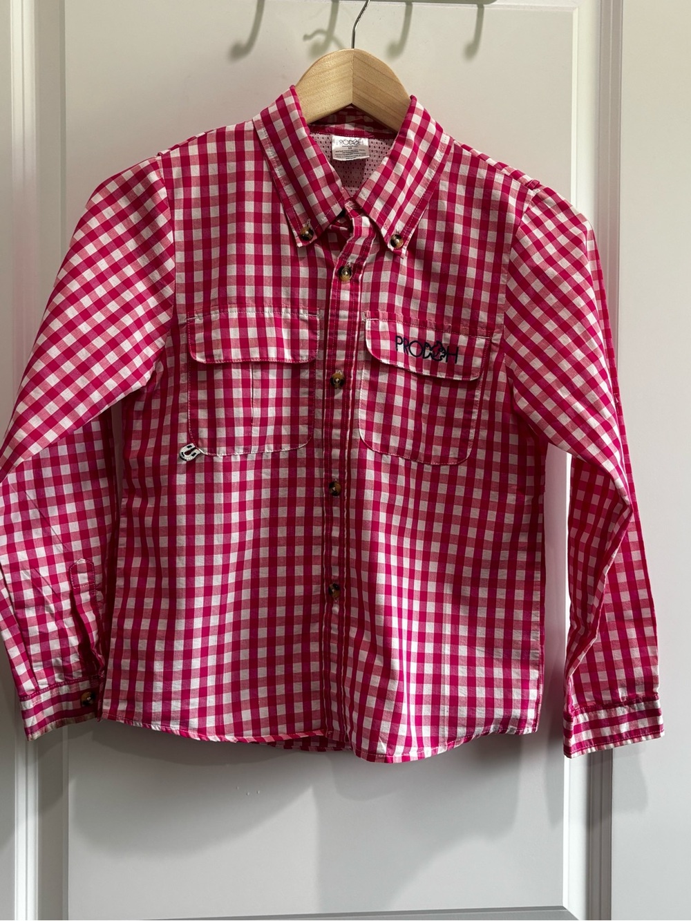 Prodoh Long Sleeve Vented Fishing Shirt Hot Pink White Gingham Check Unisex